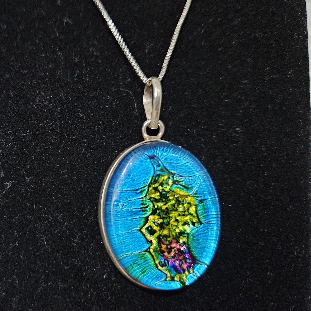 Hand Crafted Blue and Yellow Dichroic Glass Pendant Necklace Sterling Silver